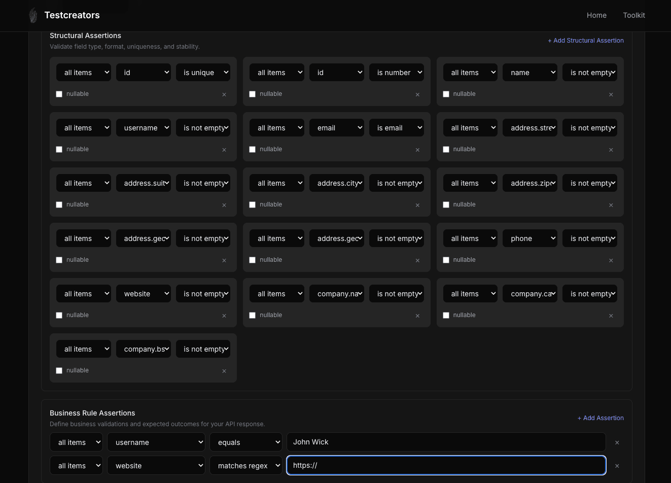 Business rule assertions in TestCreators