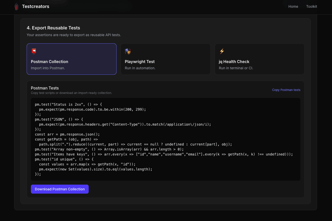 Export reusable API tests from TestCreators