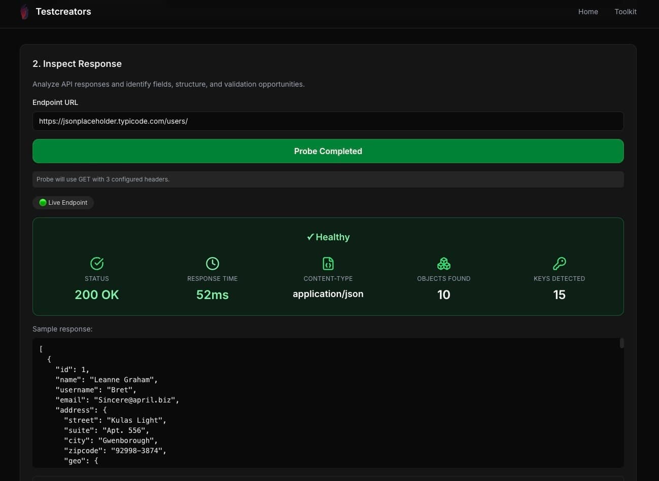 Inspect API response in TestCreators