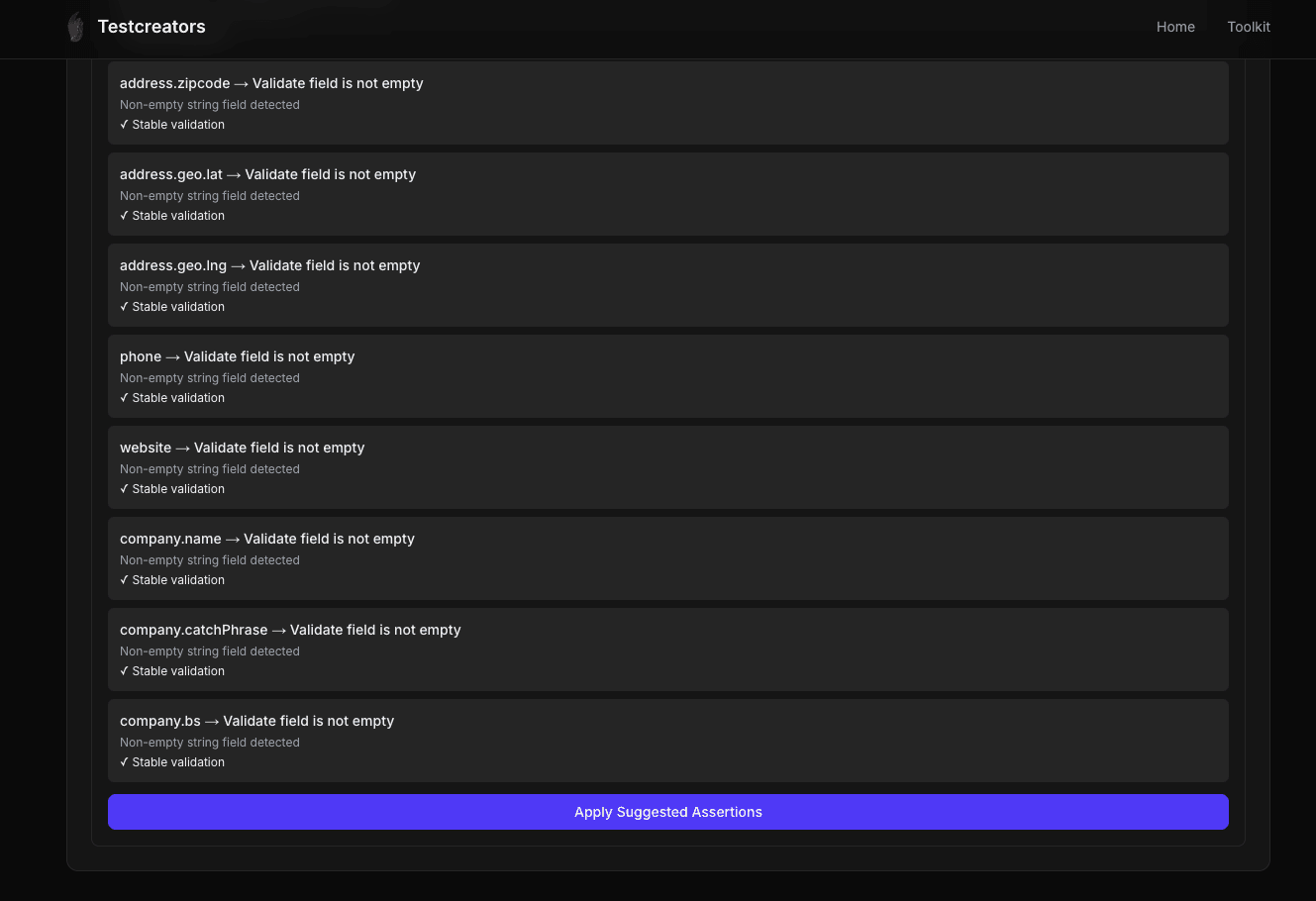 Suggested API assertions in TestCreators